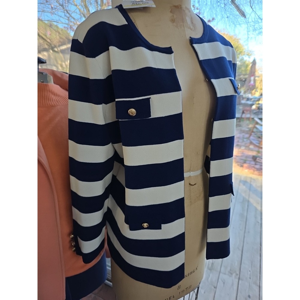 Anne Klein Sweater Jacket Navy & White Stripes‎ Casual Blazer Gold Accents Med